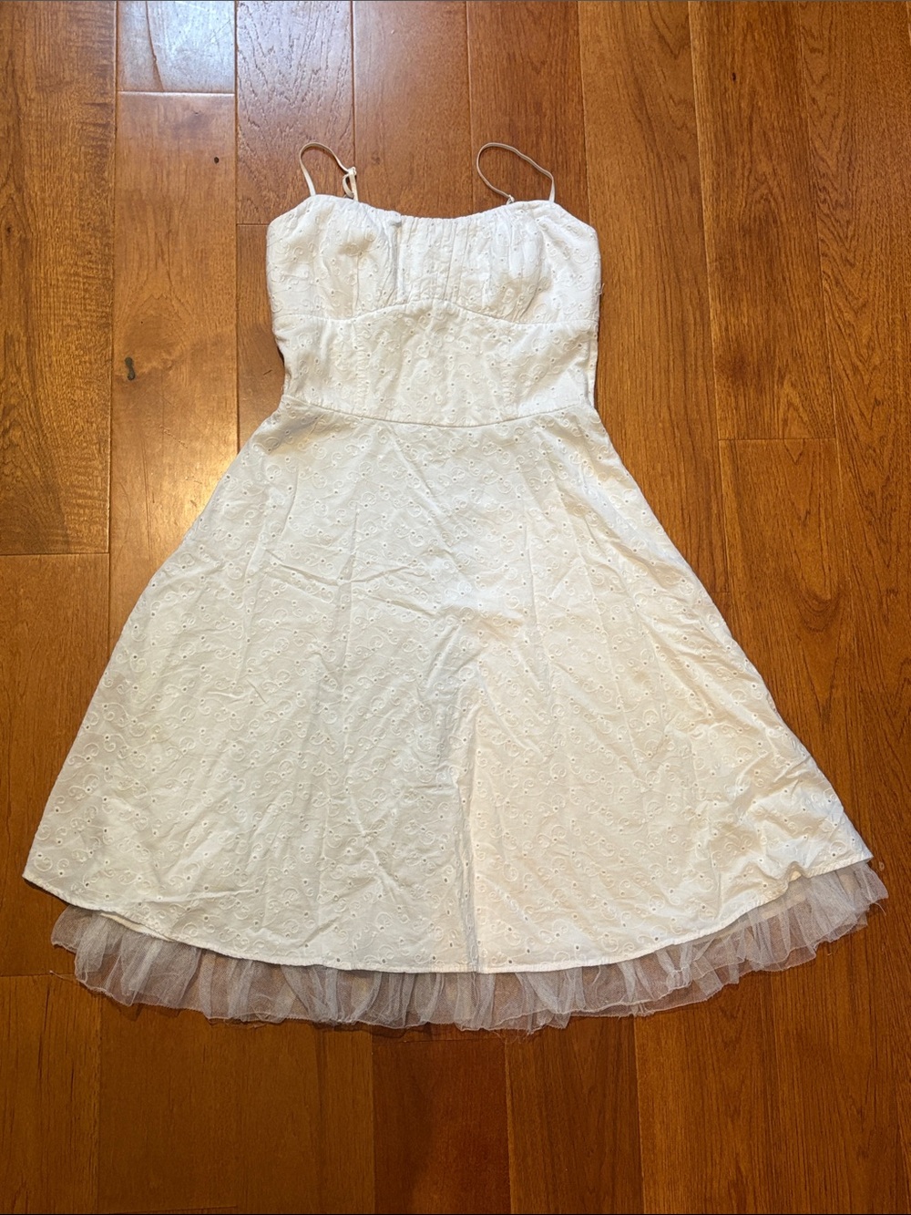 Ruby Rox White Eyelet Spaghetti-Strap Dress with Tulle Hem